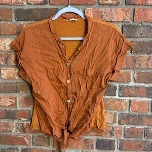 Womens linen button front tie front short sleeve top brown XS